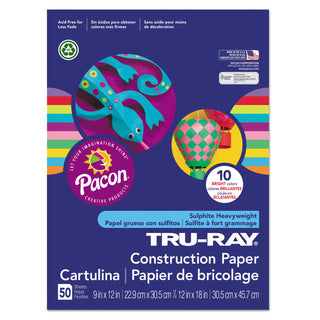 Tru-Ray Construction Paper, 76 lb Text Weight, 9 x 12, Assorted Bright Colors, 50/Pack - 
