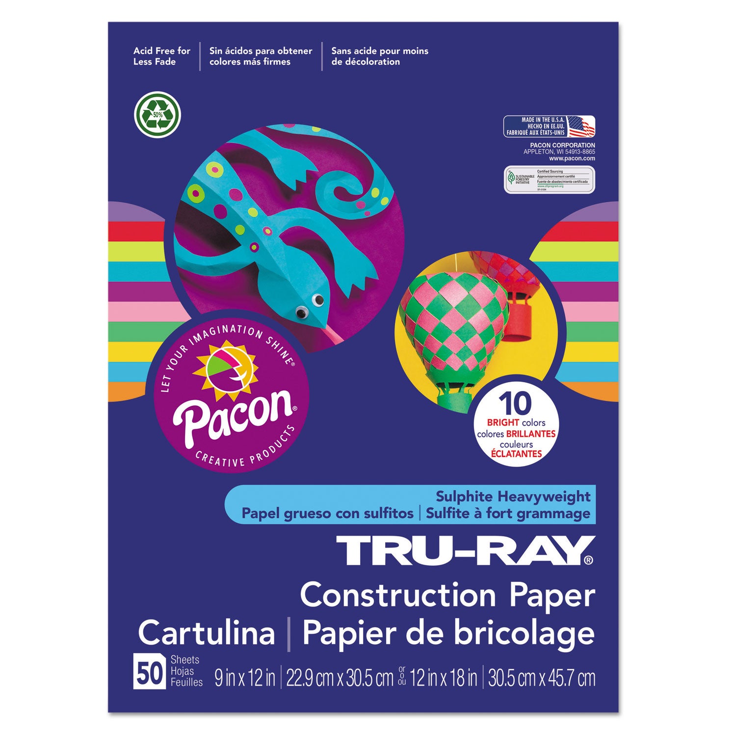 Tru-Ray Construction Paper, 76 lb Text Weight, 9 x 12, Assorted Bright Colors, 50/Pack - 