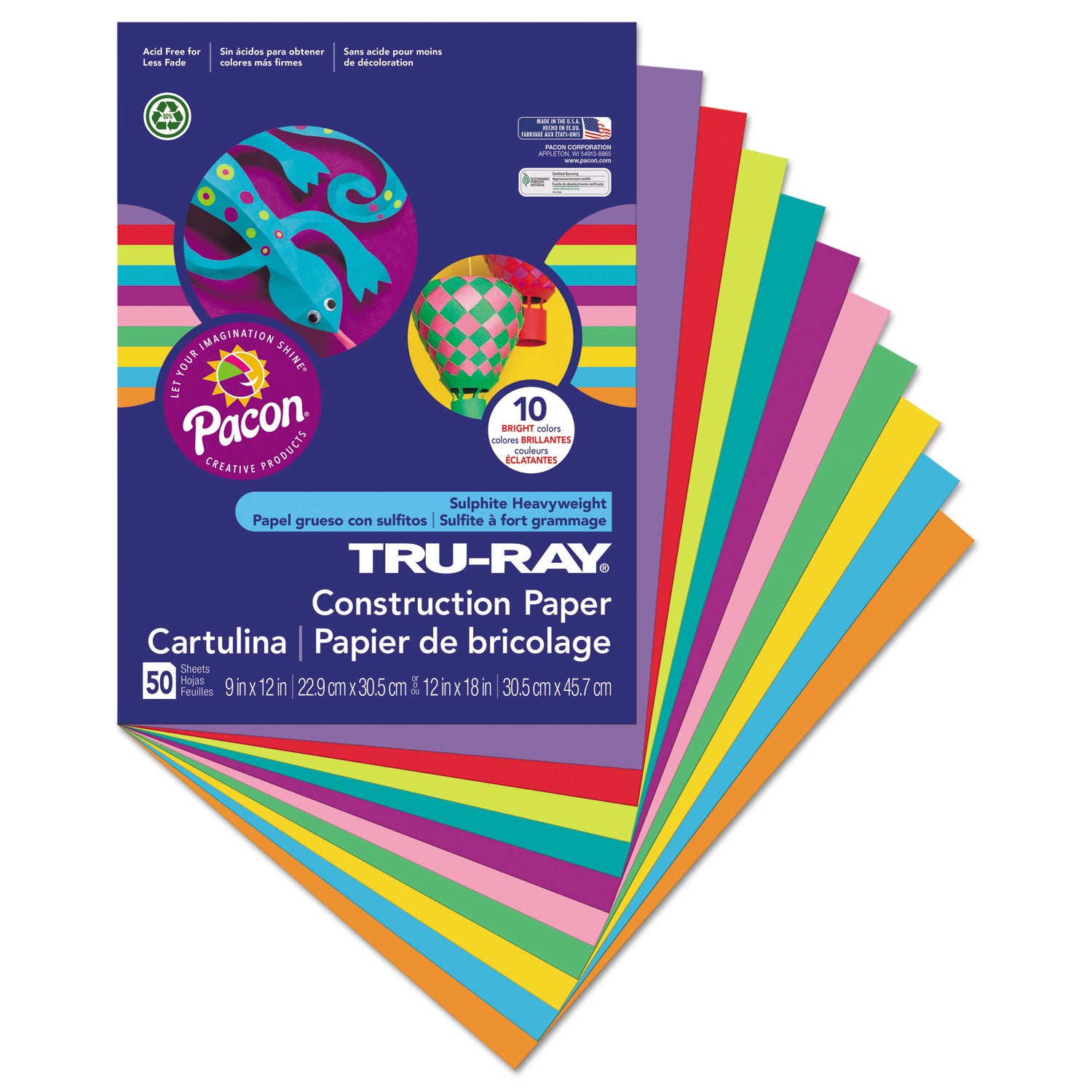 Tru-Ray Construction Paper, 76 lb Text Weight, 9 x 12, Assorted Bright Colors, 50/Pack - 