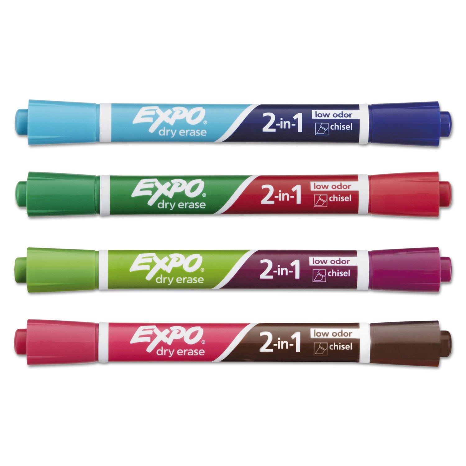 2-in-1 Dry Erase Markers, Fine/Broad Chisel Tips, Assorted Secondary Colors, 4/Pack - 