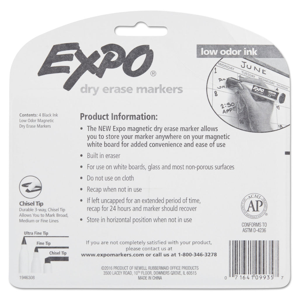Magnetic Dry Erase Marker, Broad Chisel Tip, Black, 4/Pack