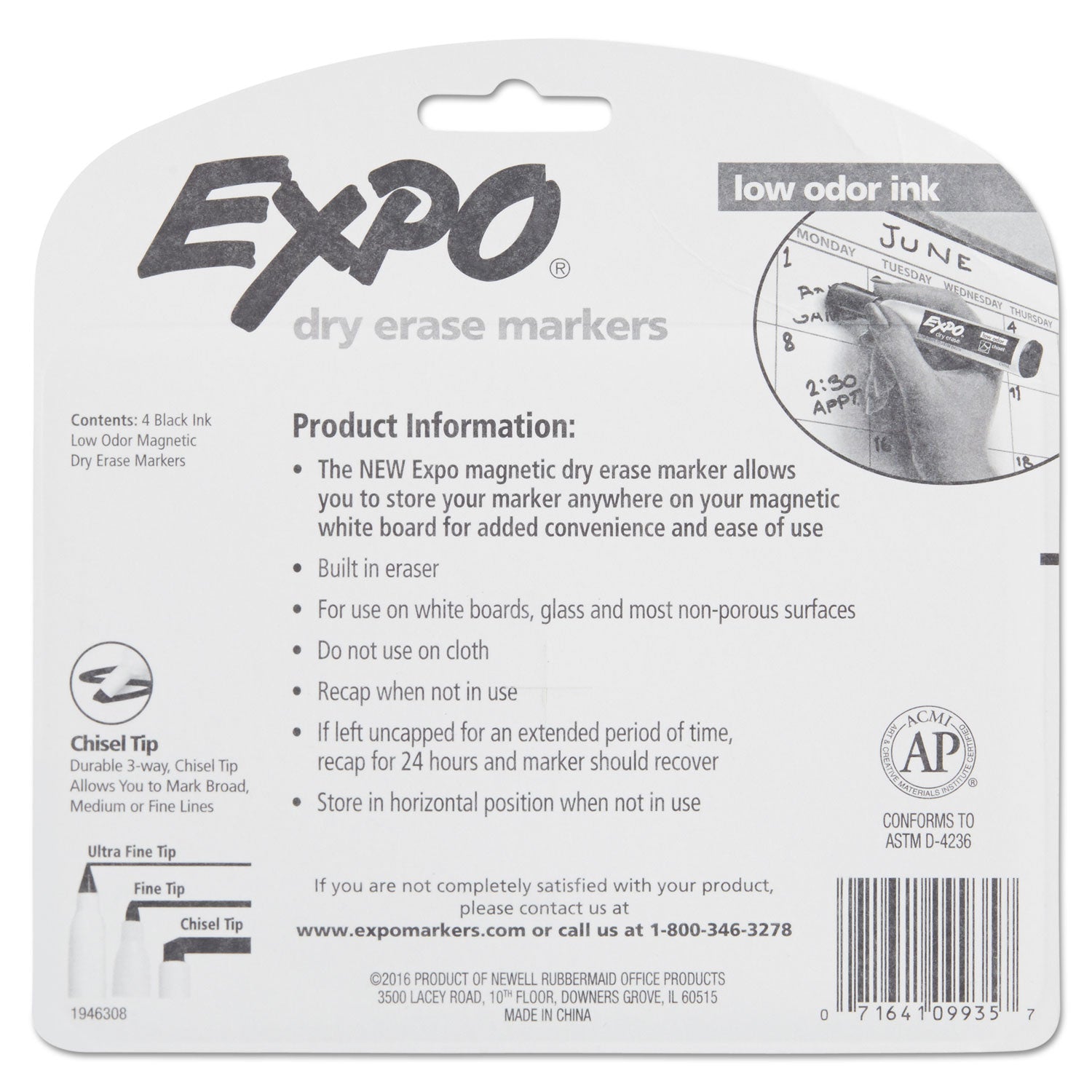 Magnetic Dry Erase Marker, Broad Chisel Tip, Black, 4/Pack