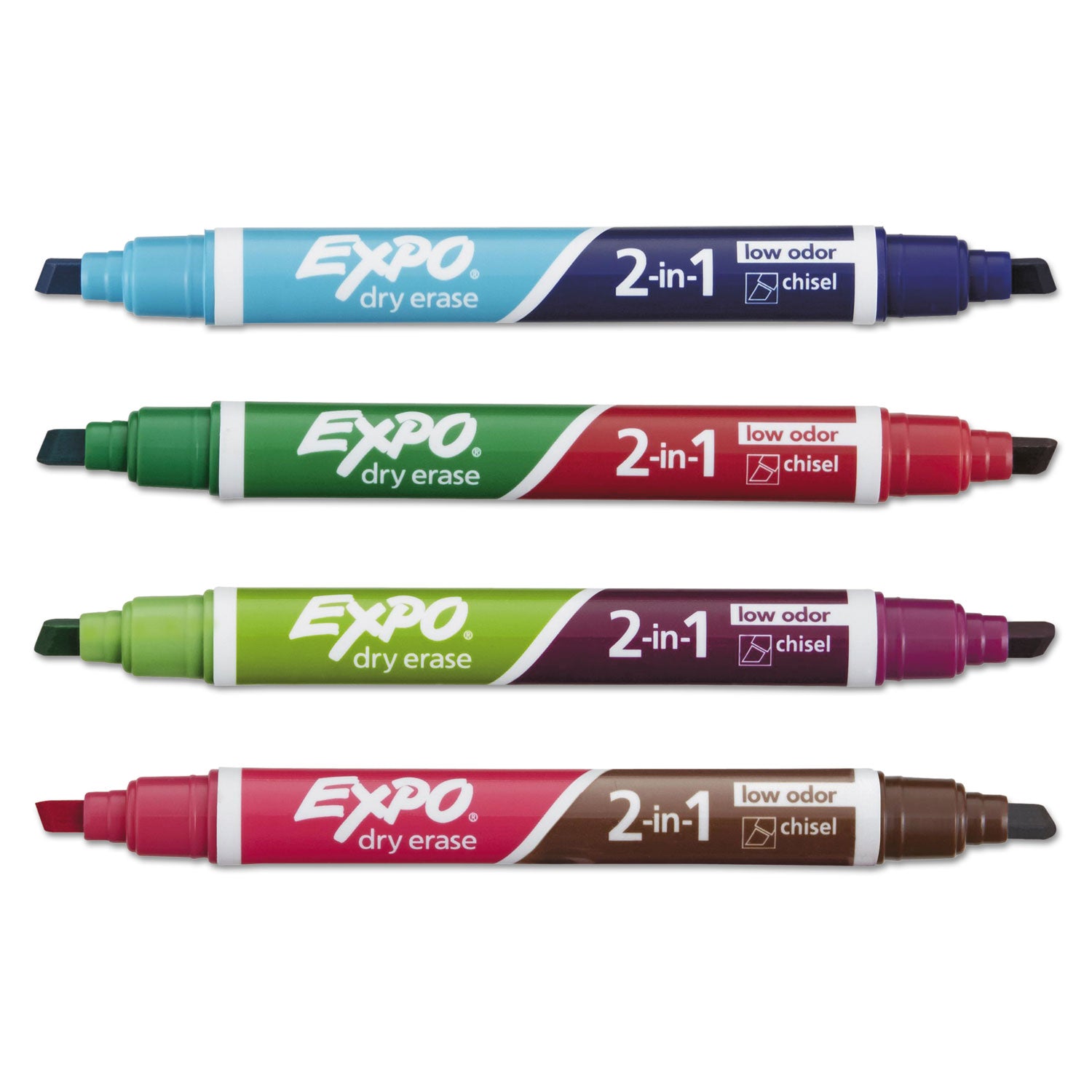 2-in-1 Dry Erase Markers, Fine/Broad Chisel Tips, Assorted Secondary Colors, 4/Pack - 