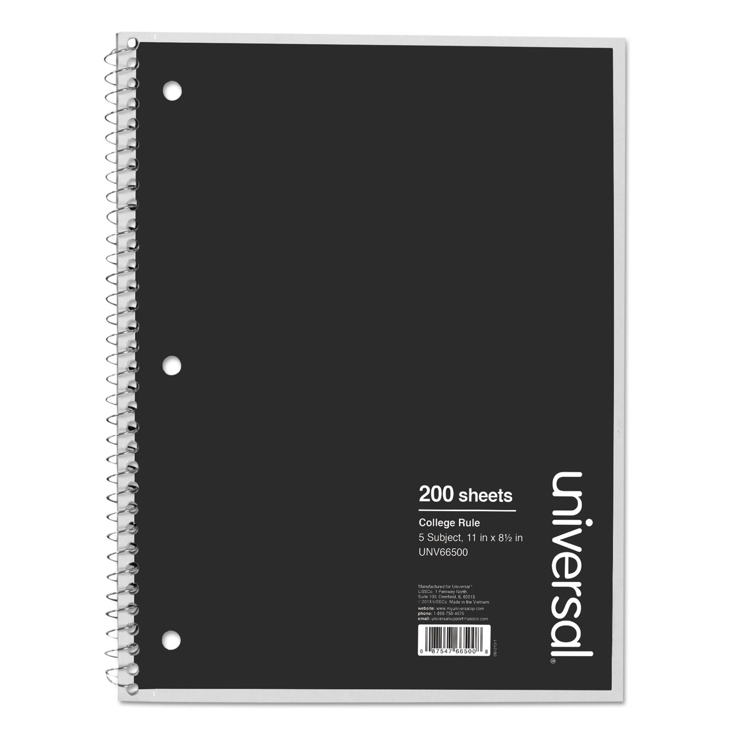 Wirebound Notebook, 5-Subject, Medium/College Rule, Black Cover, (200) 11 x 8.5 Sheets - 