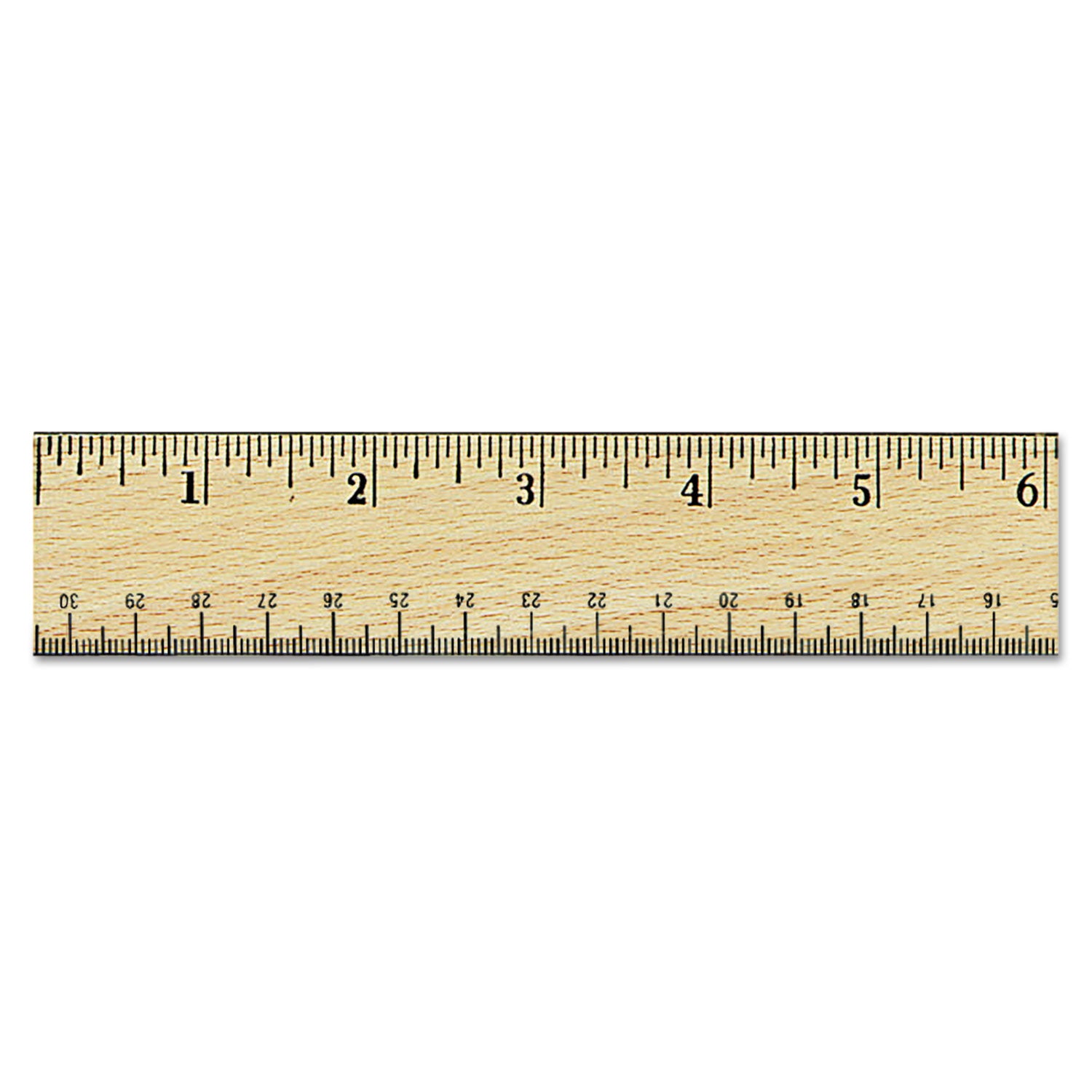 Flat Wood Ruler w/Double Metal Edge, Standard, 12" Long, Clear Lacquer Finish - 