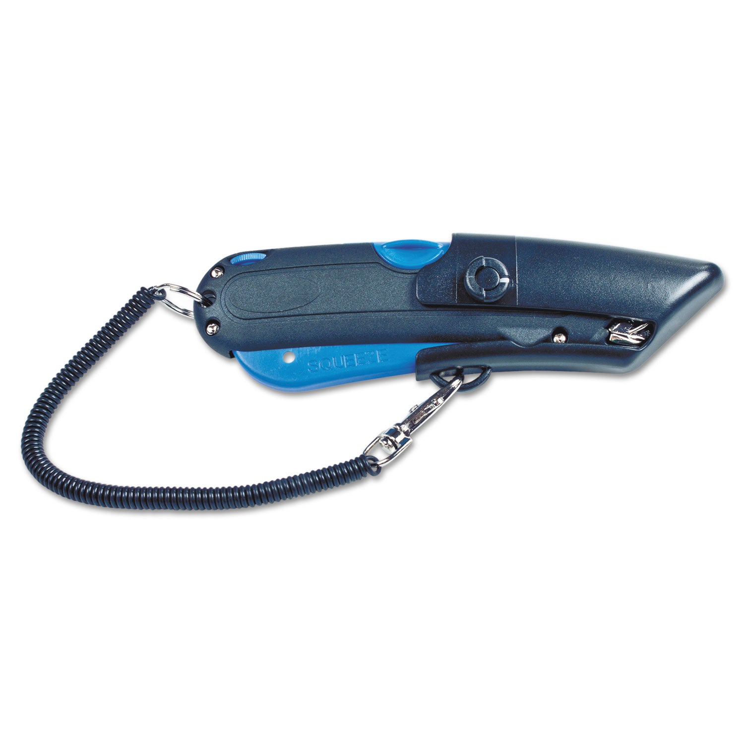 Easycut Self-Retracting Cutter with Safety-Tip Blade, Holster and Lanyard, 6" Plastic Handle, Black/Blue - 