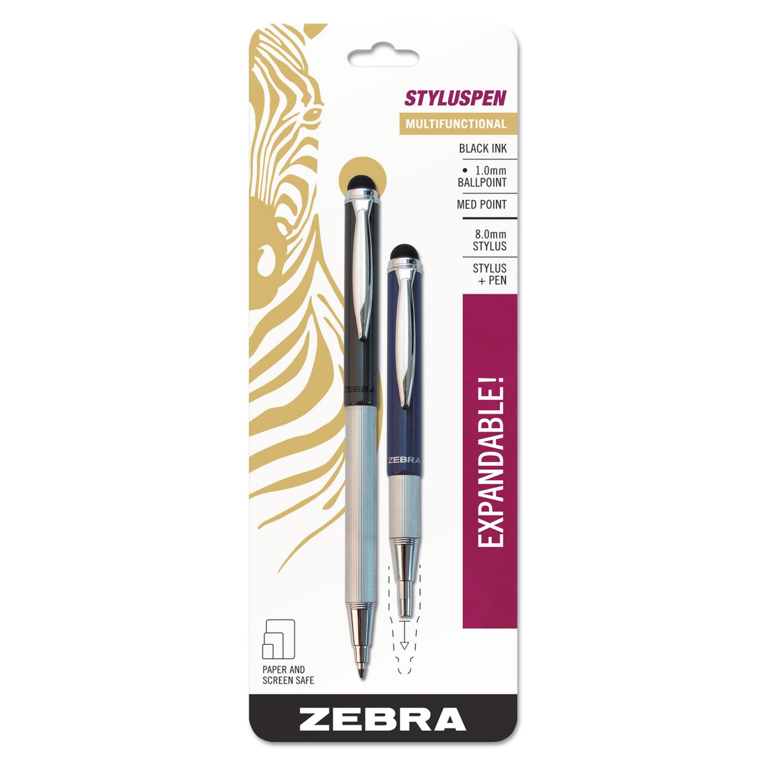 StylusPen Telescopic Ballpoint Pen/Stylus, Retractable, Medium 1 mm, Black Ink, Blue/Gray Barrel, 2/Pack - 