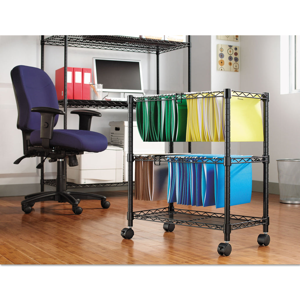 Two-Tier File Cart for Front-to-Back + Side-to-Side Filing, Metal, 1 Shelf, 3 Bins, 26" x 14" x 29.5", Black - 