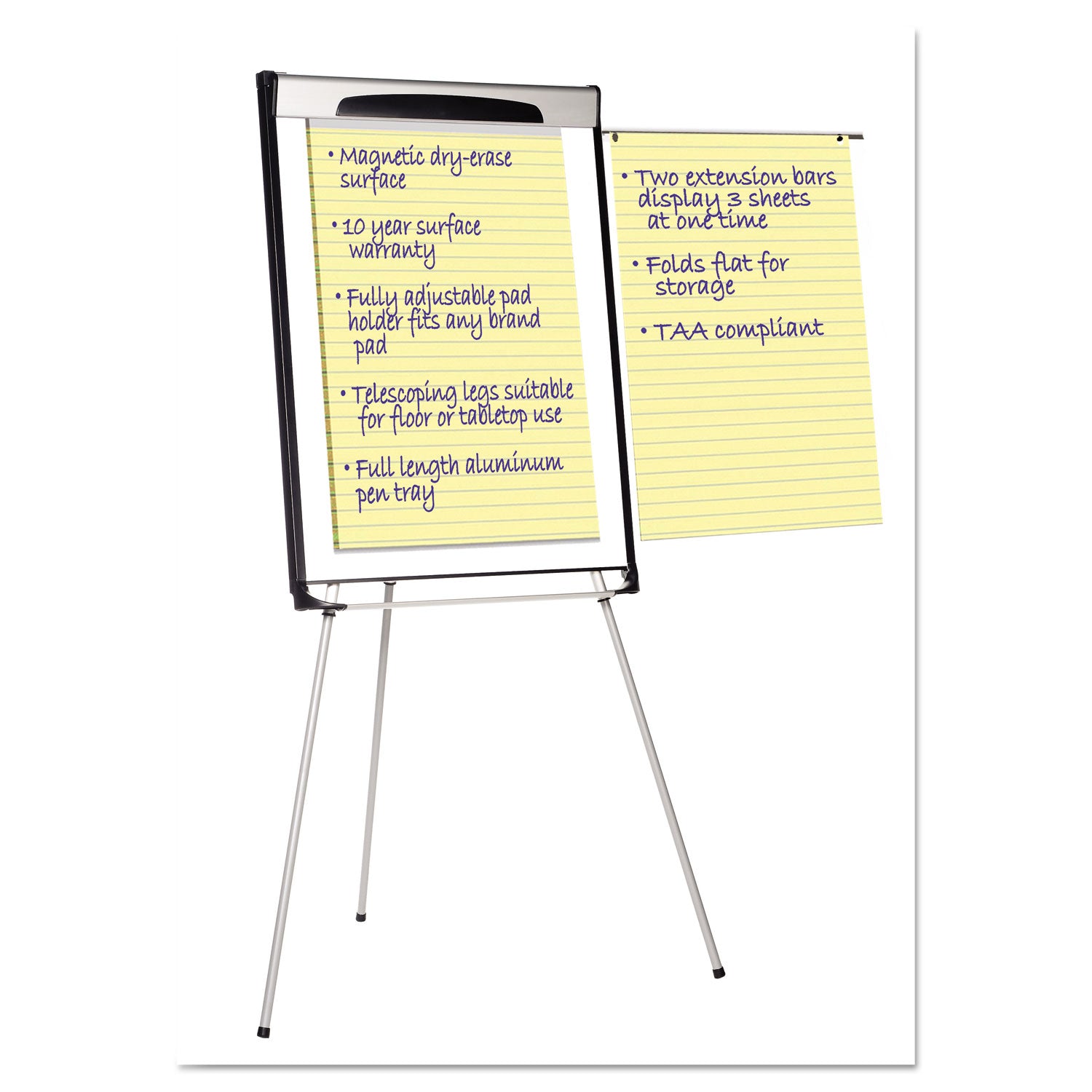 Tripod Extension Bar Magnetic Dry-Erase Easel, 39" to 72" High, Black/Silver - 