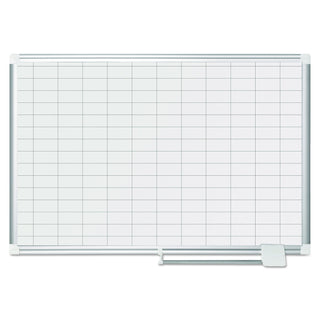 Gridded Magnetic Steel Dry Erase Planning Board, 1 x 2 Grid, 36 x 24, White Surface, Silver Aluminum Frame - 