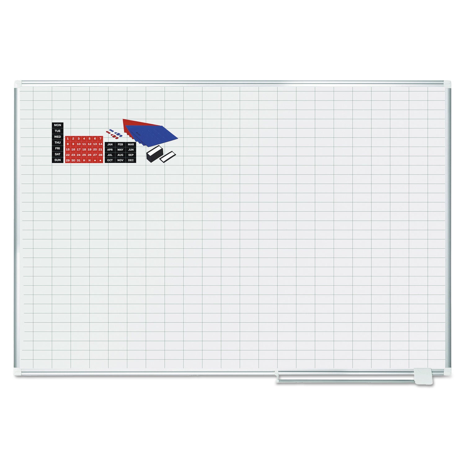 Gridded Magnetic Steel Dry Erase Planning Board with Accessories, 1 x 2 Grid, 72 x 48, White Surface, Silver Aluminum Frame - 