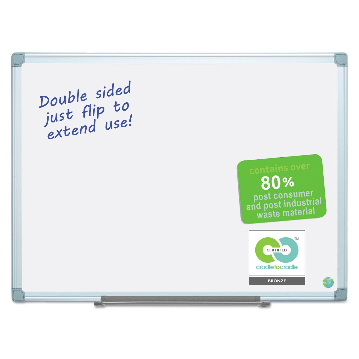 Earth Silver Easy-Clean Dry Erase Board, Reversible, 48 x 36, White Surface, Silver Aluminum Frame - 