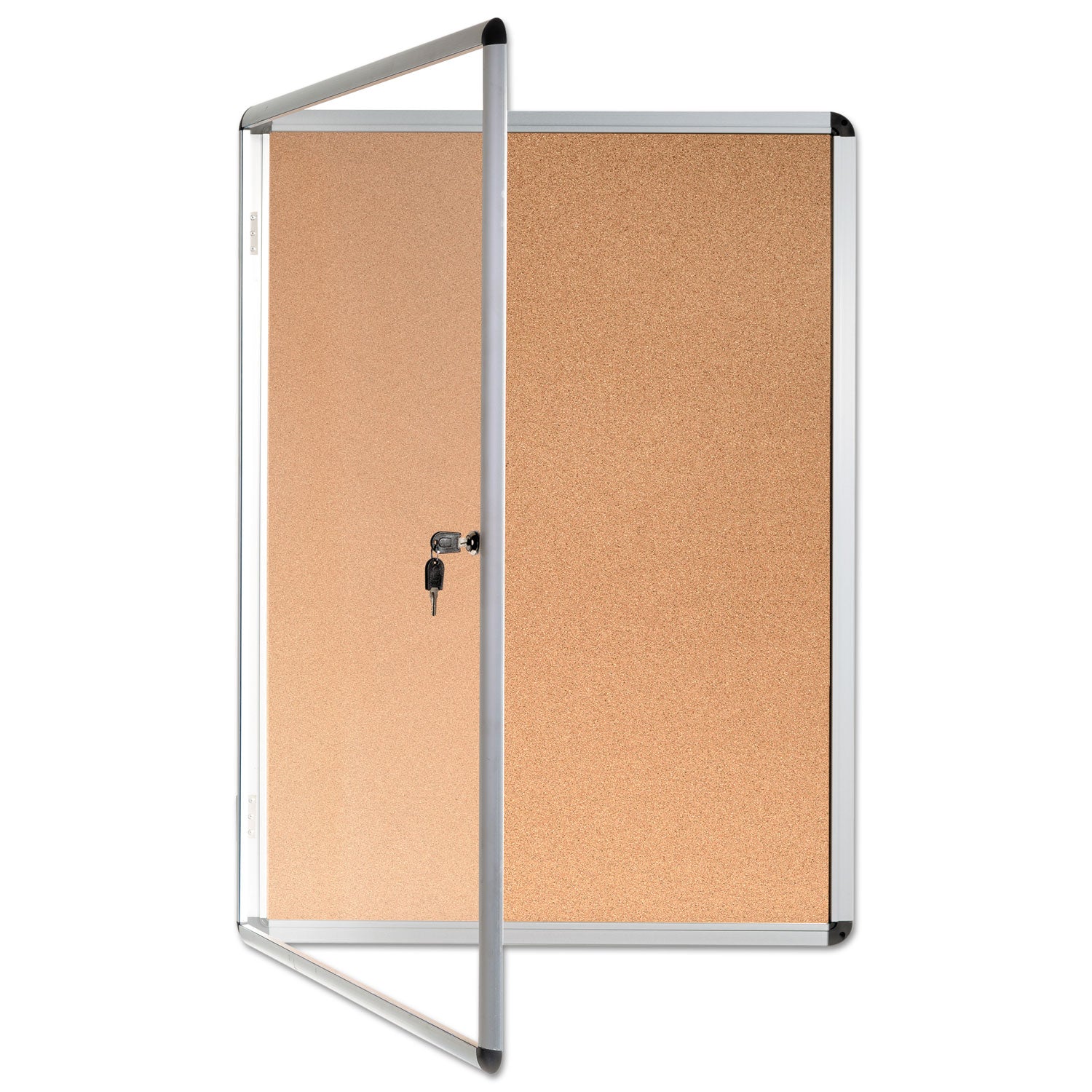 Slim-Line Enclosed Cork Bulletin Board, One Door, 28 x 38, Tan Surface, Aluminum Frame - 