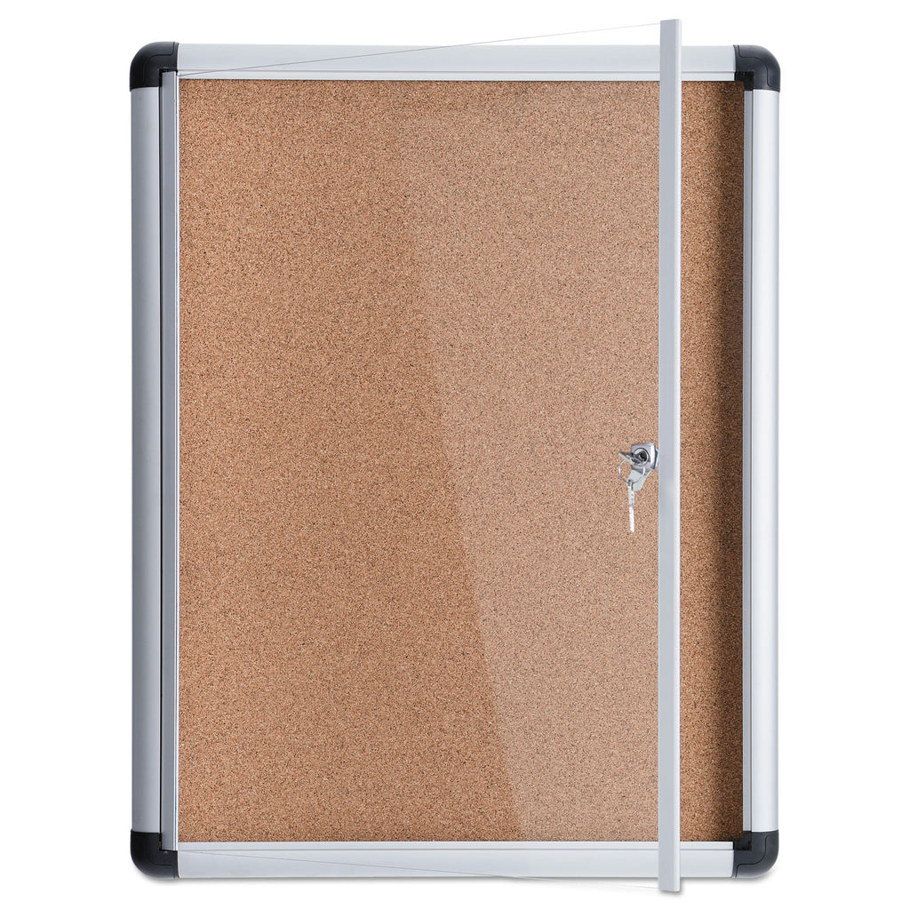 Slim-Line Enclosed Cork Bulletin Board, One Door, 28 x 38, Tan Surface, Aluminum Frame - 