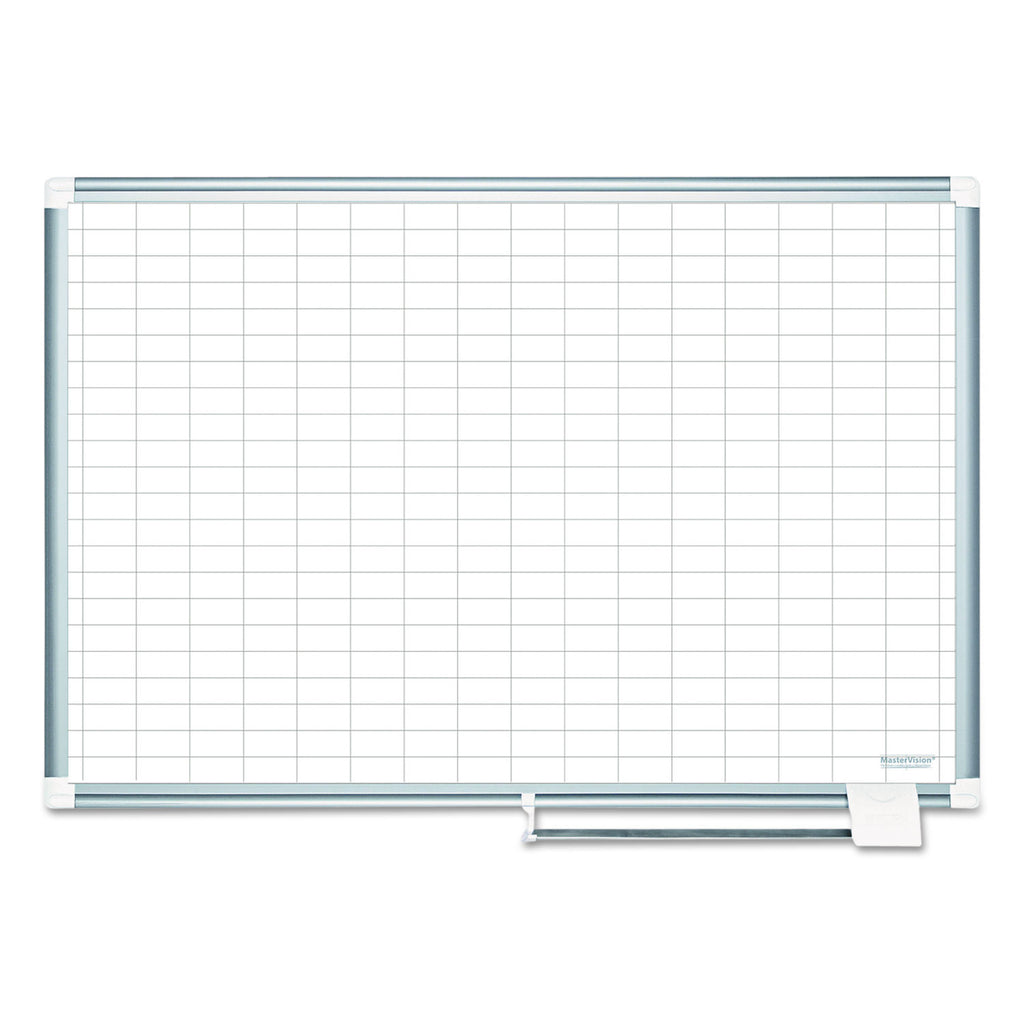 Gridded Magnetic Steel Dry Erase Planning Board with Accessories, 1 x 2 Grid, 36 x 24, White Surface, Silver Aluminum Frame - 