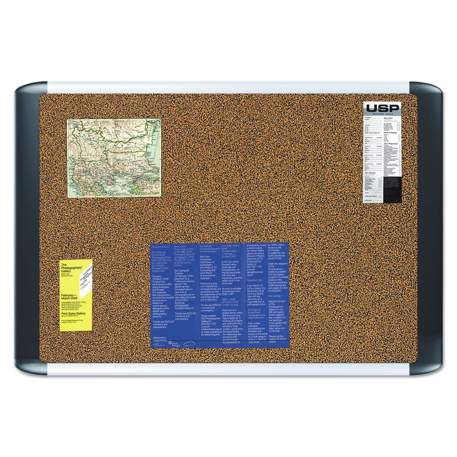 Tech Cork Board, 36 x 24, Tan Surface, Silver/Black Aluminum Frame
