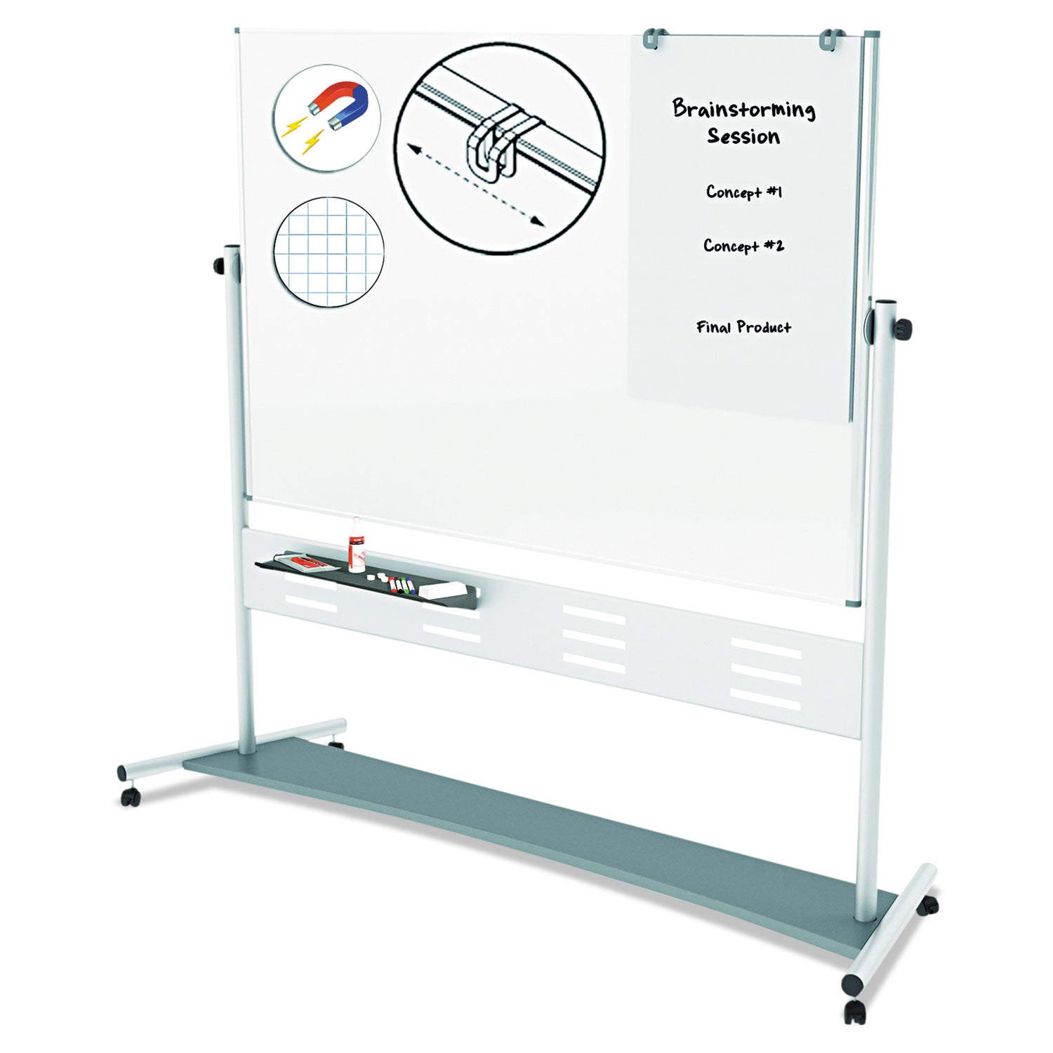 Revolver Easel, 70.8 x 47.2, 80" Tall Easel, Horizontal Orientation, White Surface, Silver Aluminum Frame