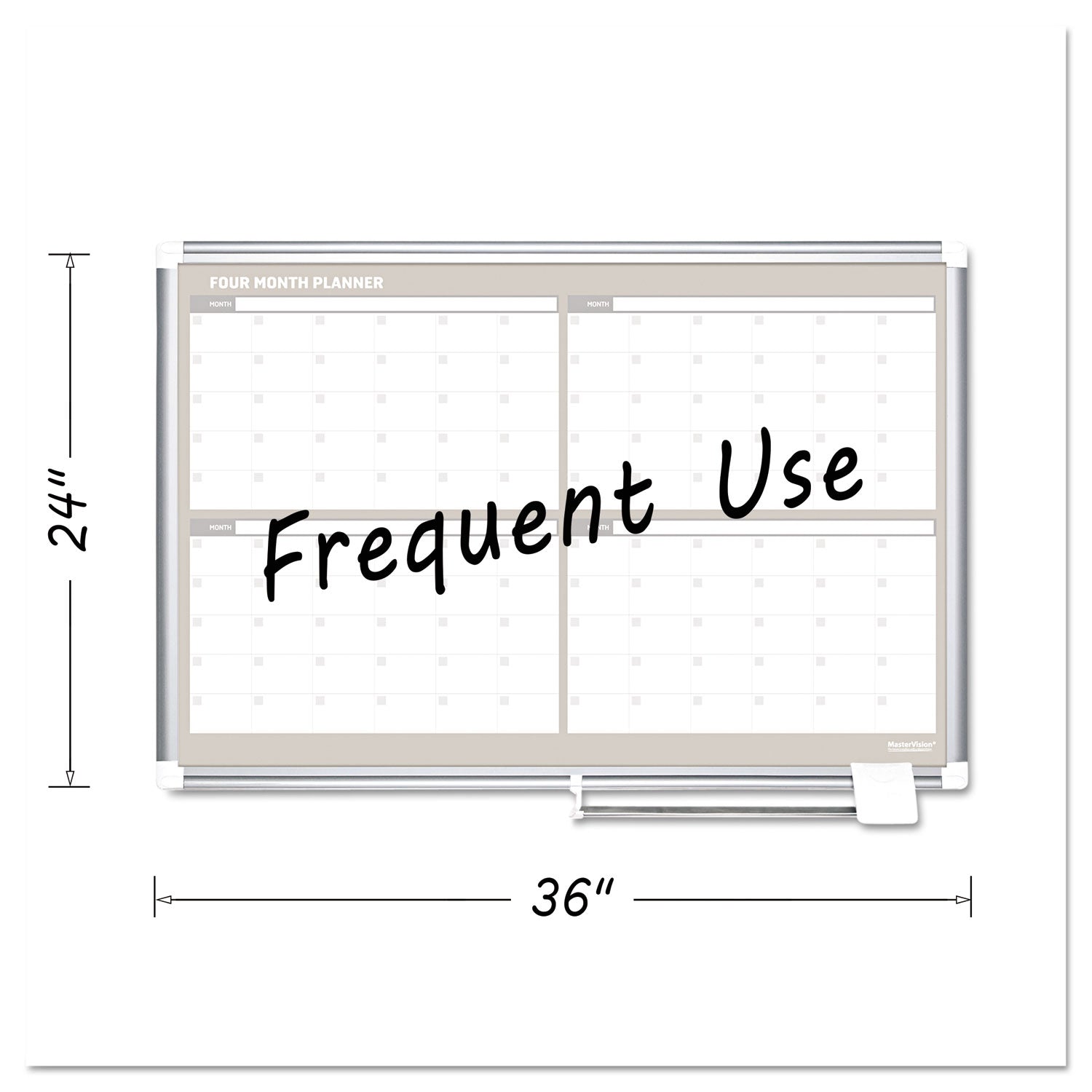Magnetic Dry Erase Calendar Board, Four Month, 36 x 24, White Surface, Silver Aluminum Frame - 