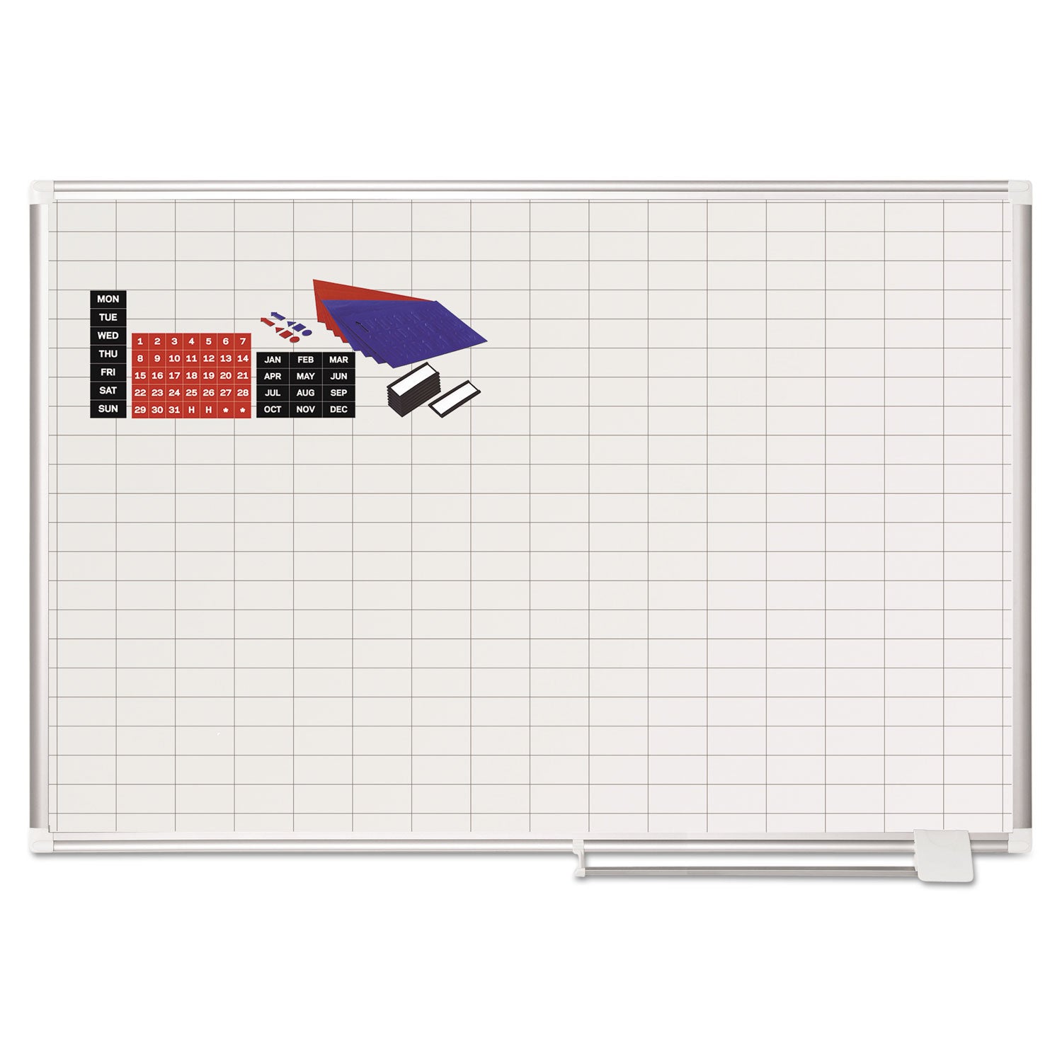 Gridded Magnetic Steel Dry Erase Planning Board with Accessories, 1 x 2 Grid, 48 x 36, White Surface, Silver Aluminum Frame - 