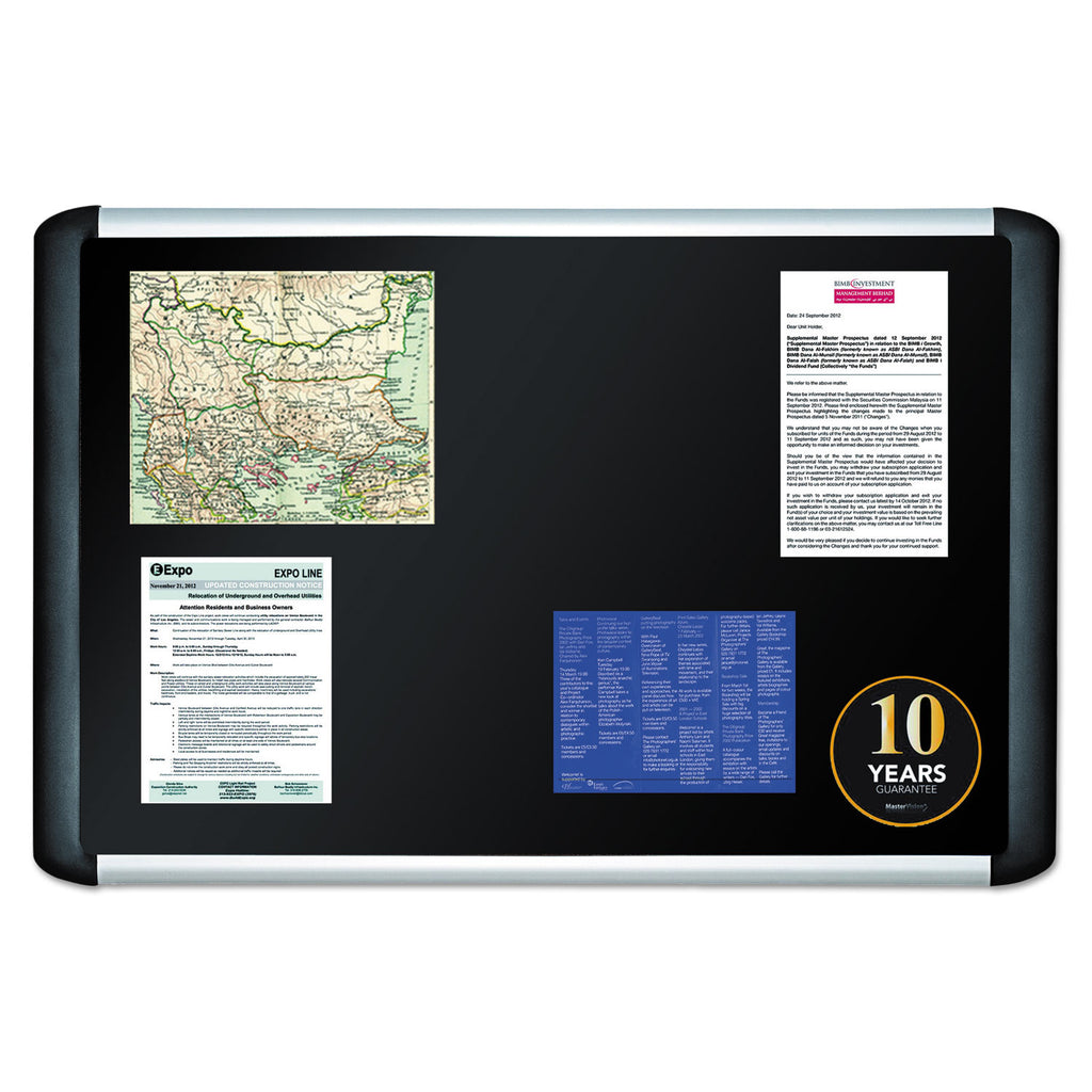 Soft-touch Bulletin Board, 36 x 24, Black Fabric Surface, Aluminum/Black Aluminum Frame - 