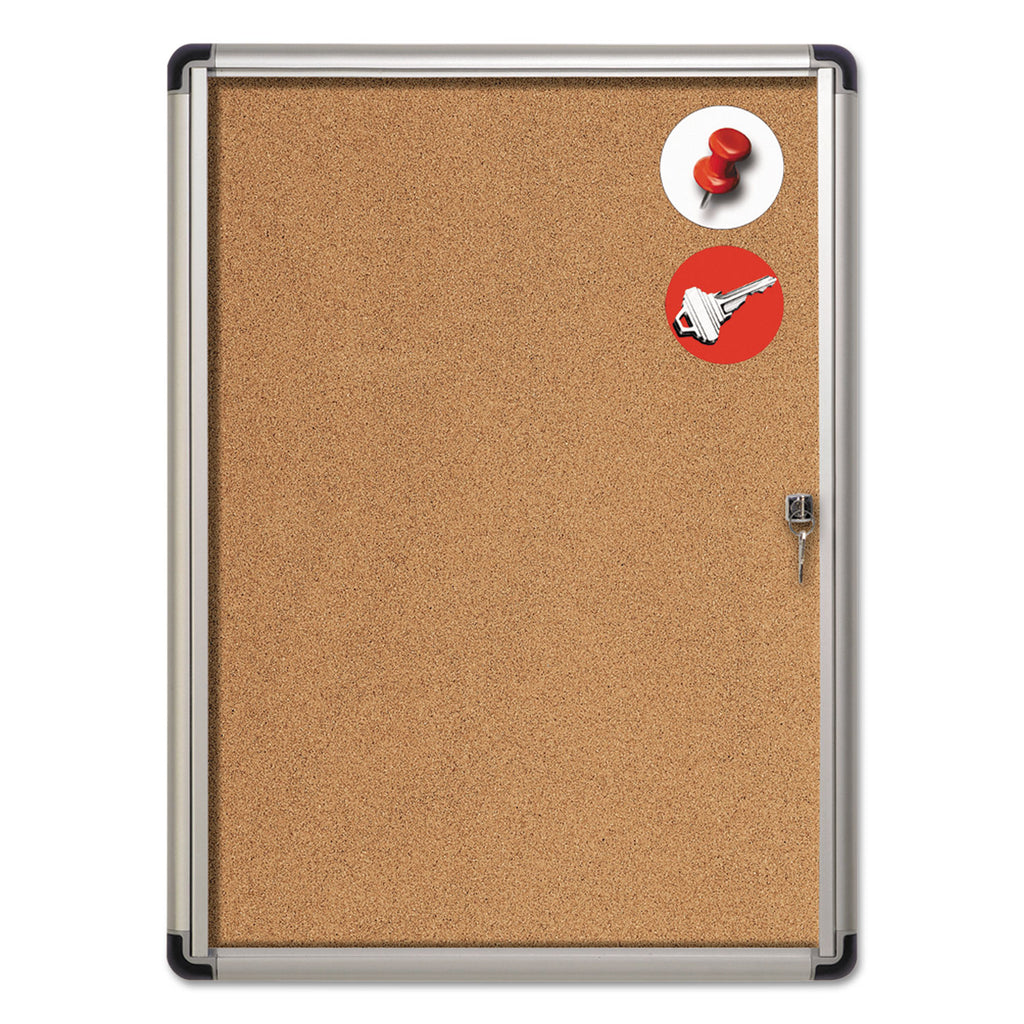 Slim-Line Enclosed Cork Bulletin Board, One Door, 28 x 38, Tan Surface, Aluminum Frame - 