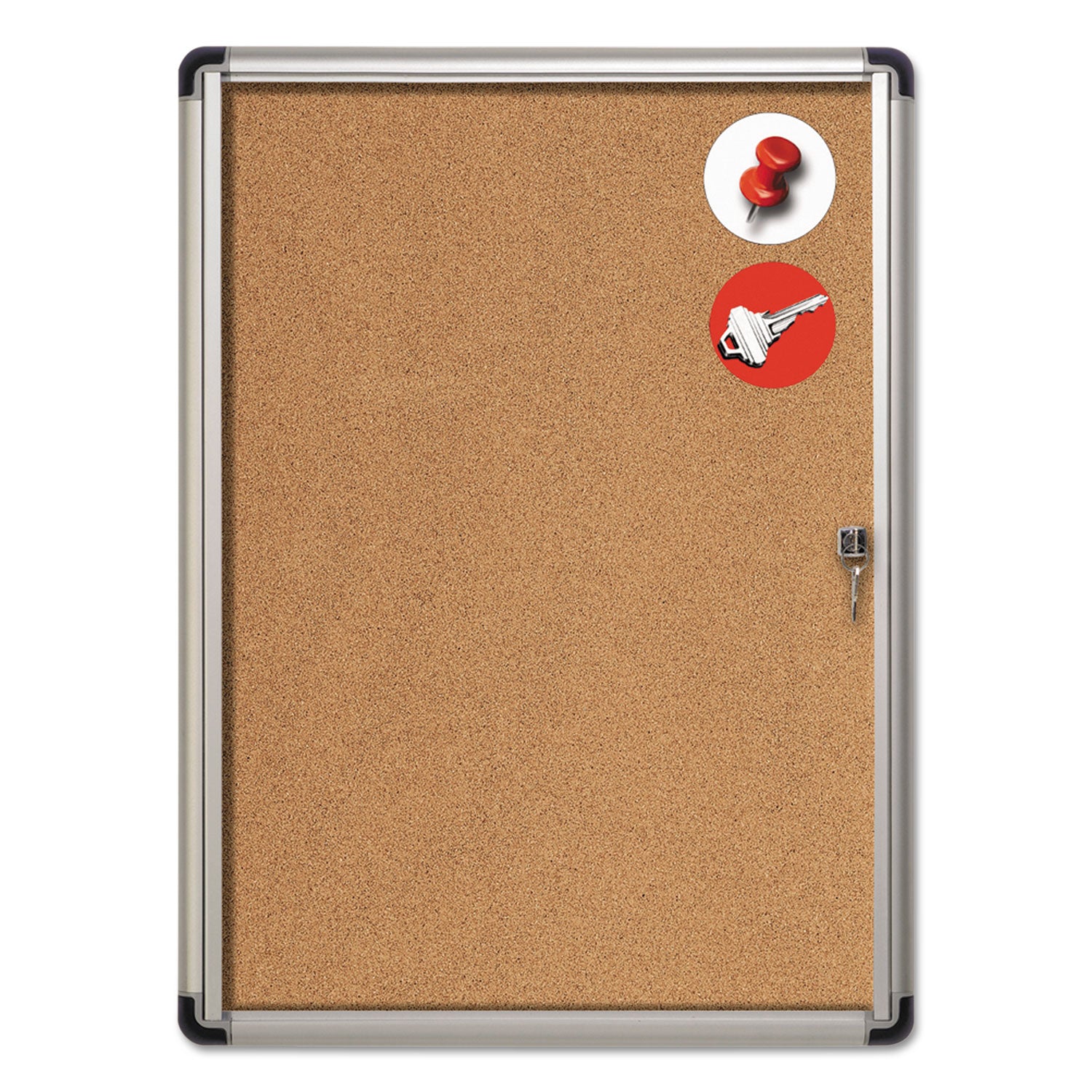 Slim-Line Enclosed Cork Bulletin Board, One Door, 28 x 38, Tan Surface, Aluminum Frame - 