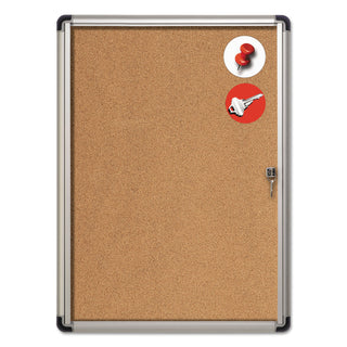 Slim-Line Enclosed Cork Bulletin Board, One Door, 28 x 38, Tan Surface, Aluminum Frame - 