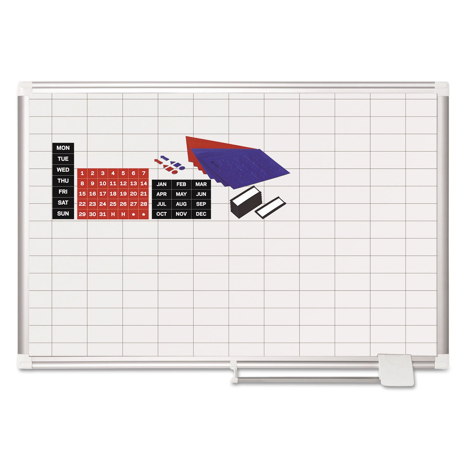 Gridded Magnetic Steel Dry Erase Planning Board with Accessories, 1 x 2 Grid, 36 x 24, White Surface, Silver Aluminum Frame - 