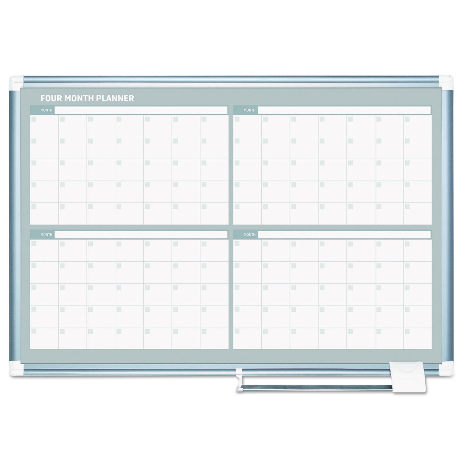 Magnetic Dry Erase Calendar Board, Four Month, 36 x 24, White Surface, Silver Aluminum Frame - 