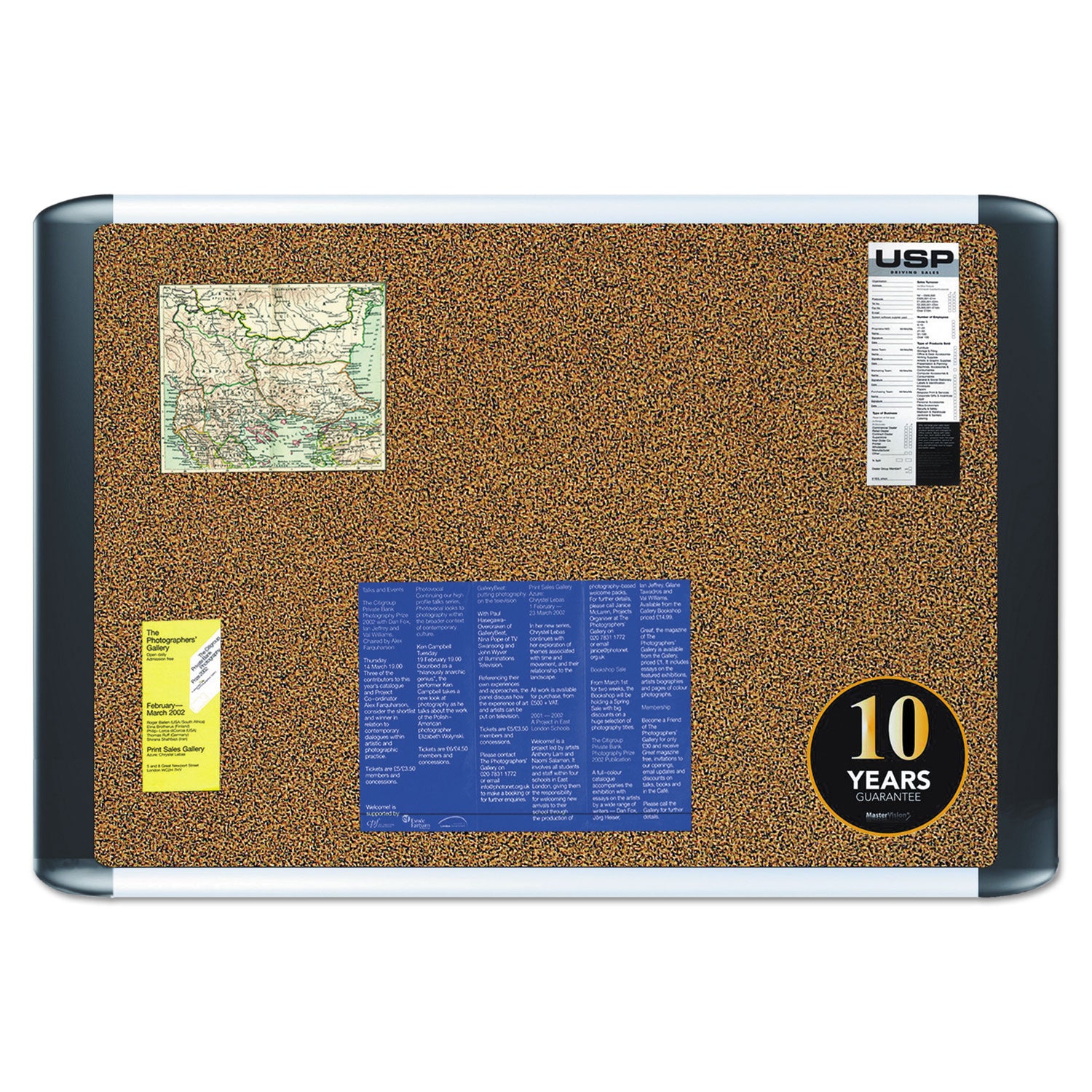 Tech Cork Board, 36 x 24, Tan Surface, Silver/Black Aluminum Frame