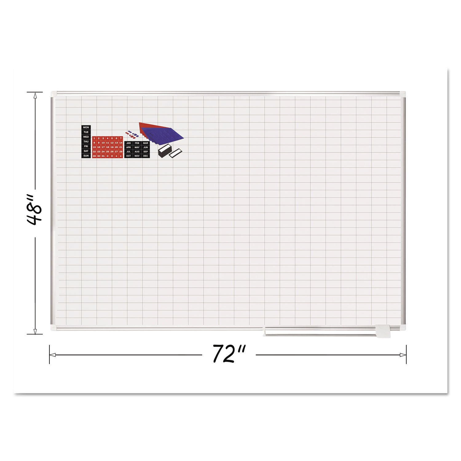 Gridded Magnetic Steel Dry Erase Planning Board with Accessories, 1 x 2 Grid, 72 x 48, White Surface, Silver Aluminum Frame - 