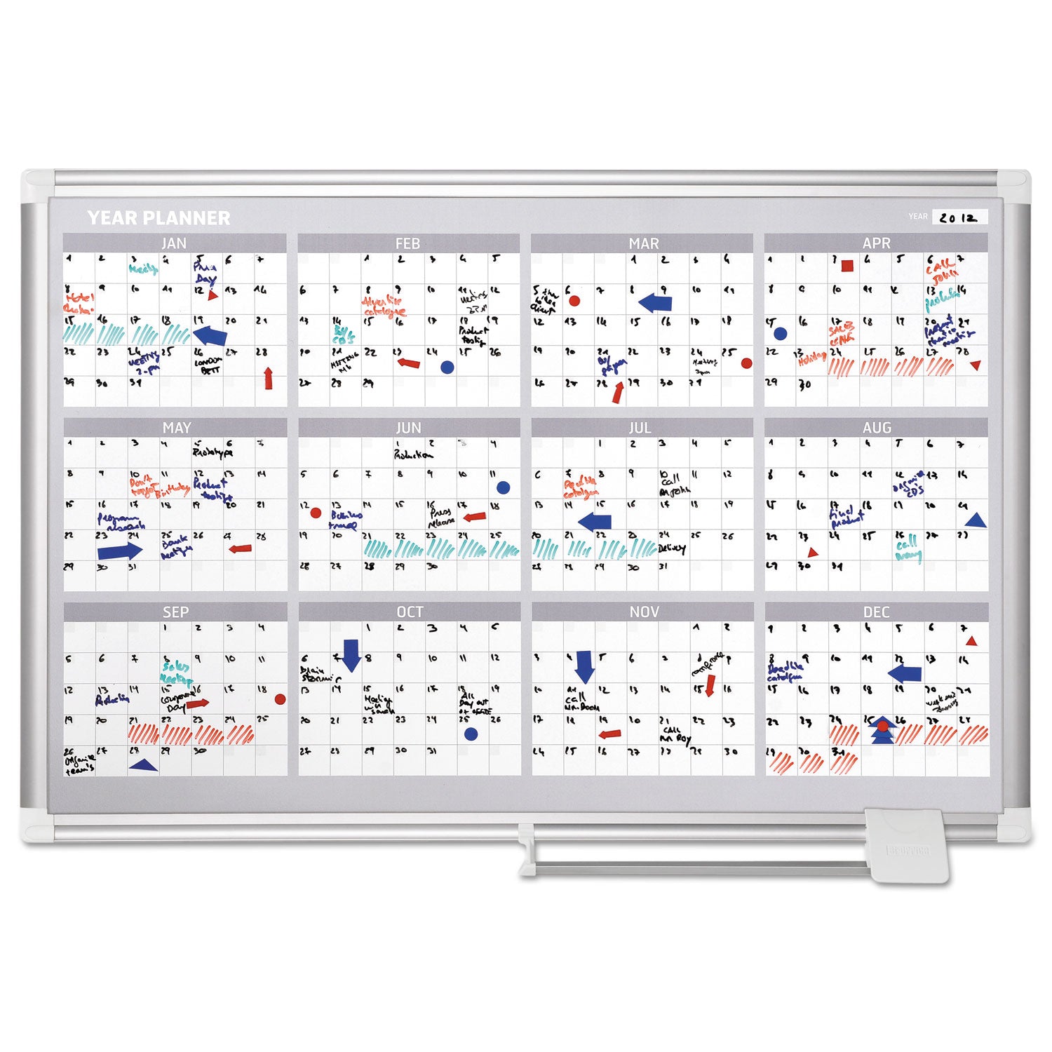 Magnetic Dry Erase Calendar Board, Four Month, 36 x 24, White Surface, Silver Aluminum Frame - 