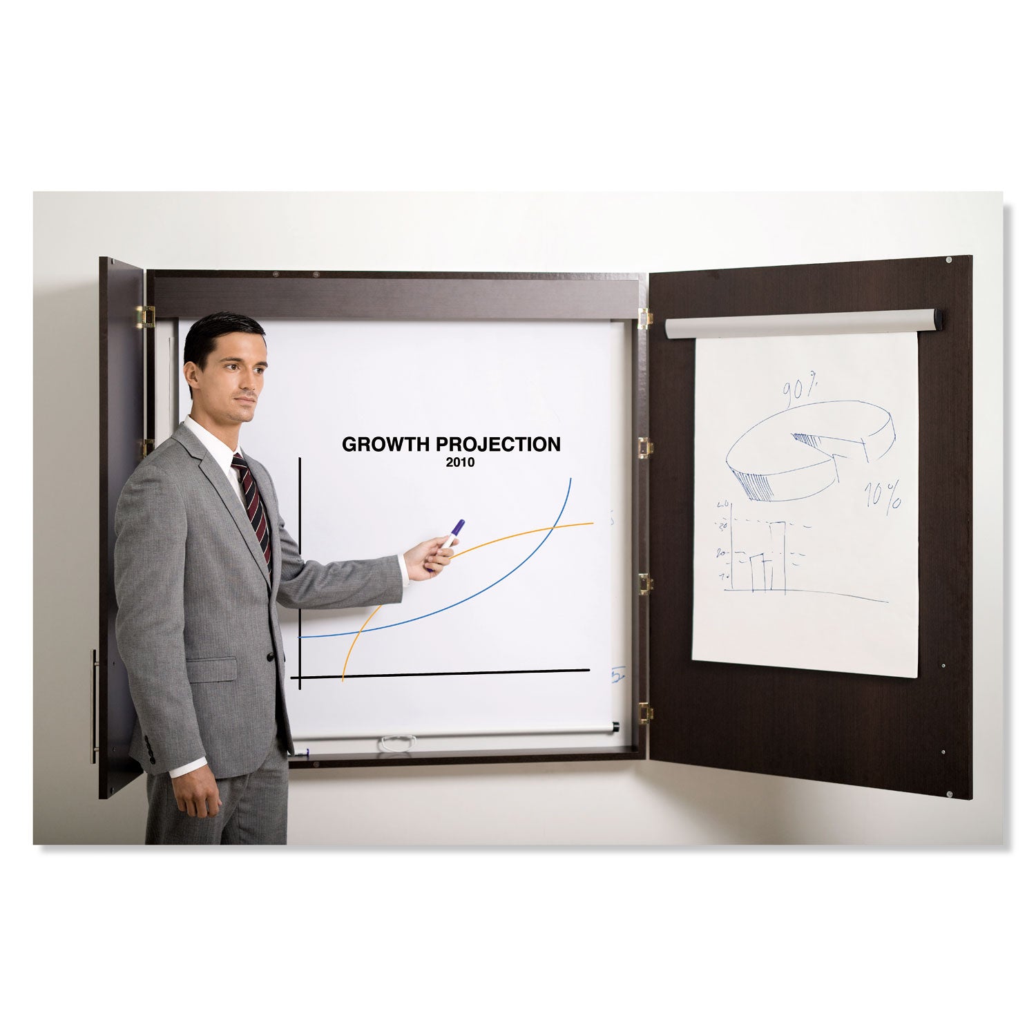 Conference Cabinet, Porcelain Magnetic Dry Erase Board, 48 x 48, White Surface, Ebony Wood Frame - 