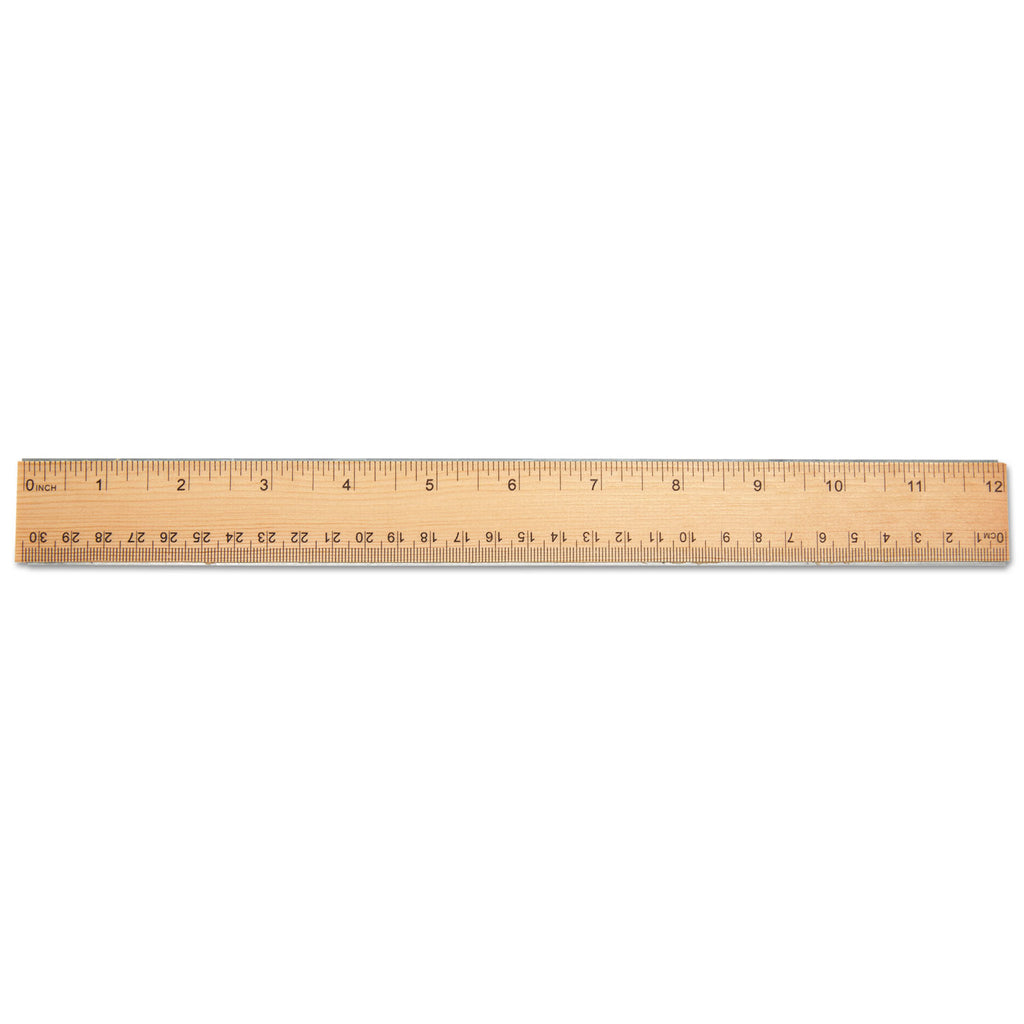 Flat Wood Ruler w/Double Metal Edge, Standard, 12" Long, Clear Lacquer Finish - 