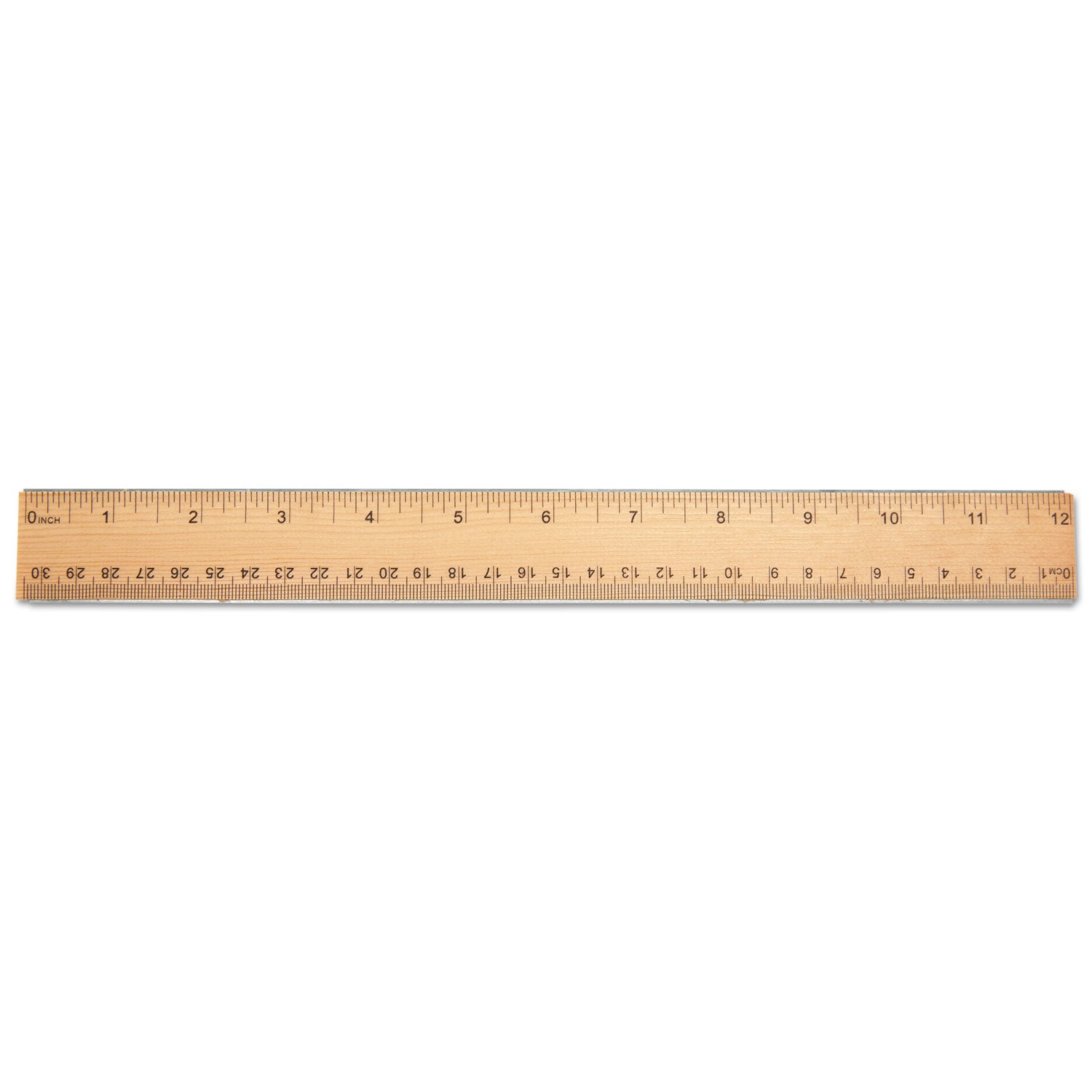 Flat Wood Ruler w/Double Metal Edge, Standard, 12" Long, Clear Lacquer Finish - 