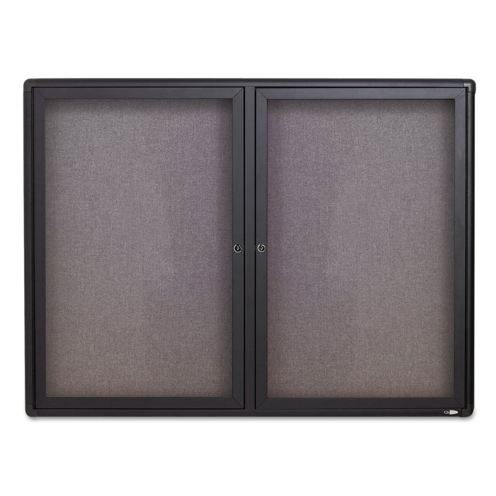 Enclosed Indoor Fabric Bulletin Board with Two Hinged Doors, 48 x 36, Gray Surface, Graphite Aluminum Frame - 