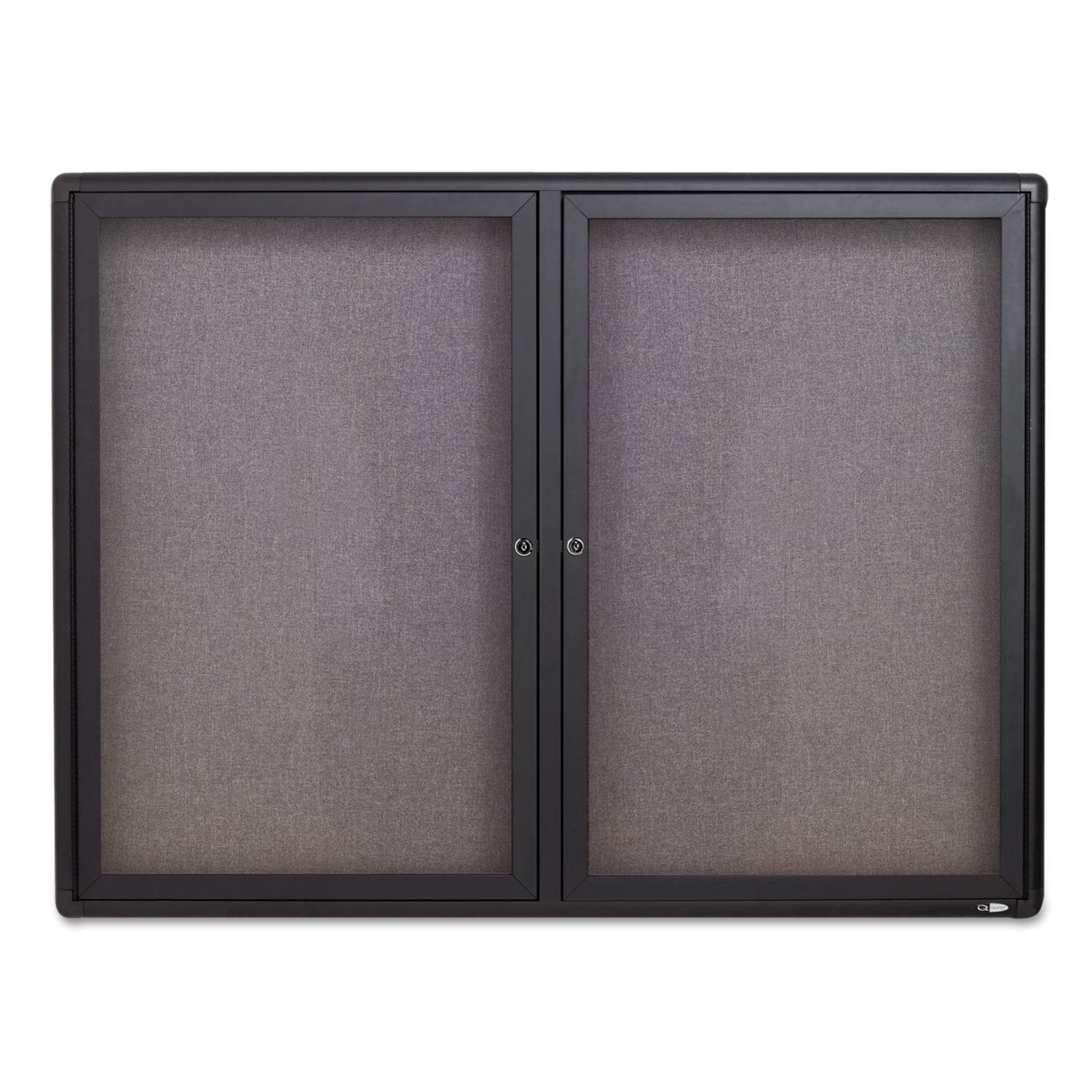 Enclosed Indoor Fabric Bulletin Board with Two Hinged Doors, 48 x 36, Gray Surface, Graphite Aluminum Frame - 