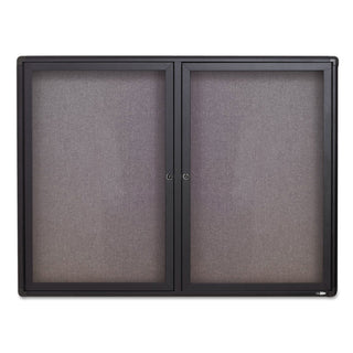 Enclosed Indoor Fabric Bulletin Board with Two Hinged Doors, 48 x 36, Gray Surface, Graphite Aluminum Frame - 