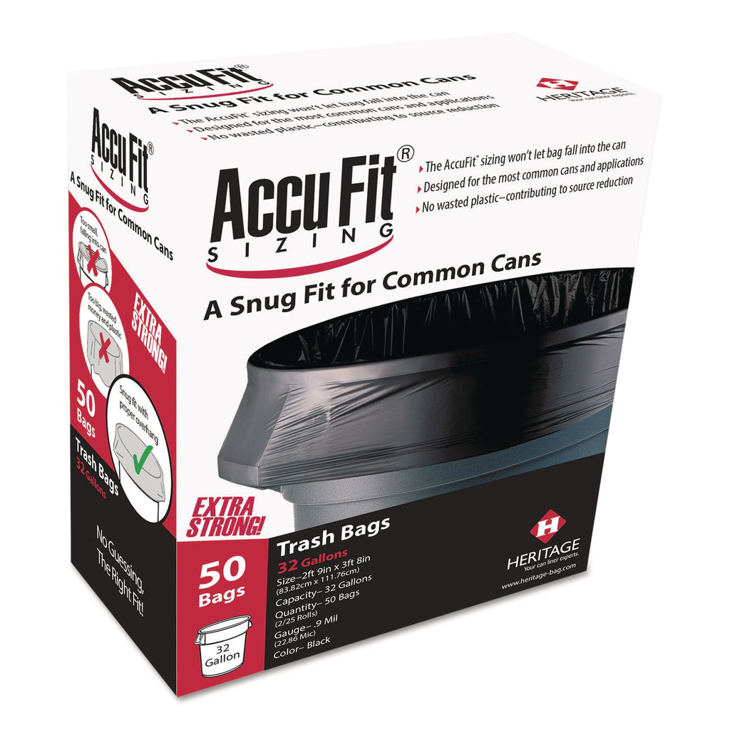 Linear Low Density Can Liners with AccuFit Sizing, 44 gal, 0.9 mil, 37" x 50", Black, 50 Bags/Box, 4 Boxes/Carton