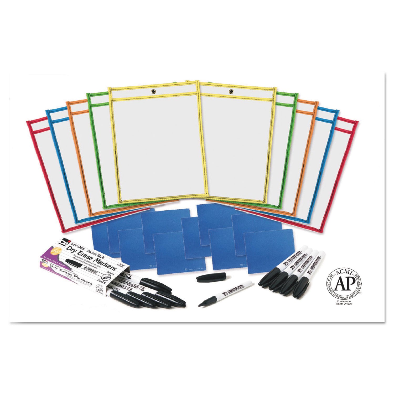 Dry Erase Pocket Class Pack, 10.5 x 1.5, Assorted Primary Colors, 10/Pack