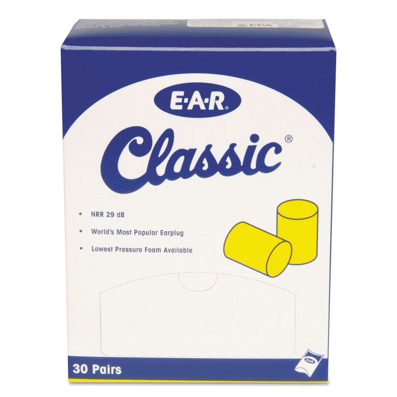 E-A-R Classic Earplugs, Pillow Paks, Cordless, PVC Foam, Yellow, 30 Pairs/Box - 