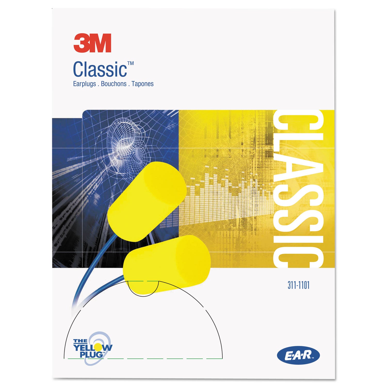 E-A-R Classic Earplugs, Corded, PVC Foam, Yellow, 200 Pairs/Box - 