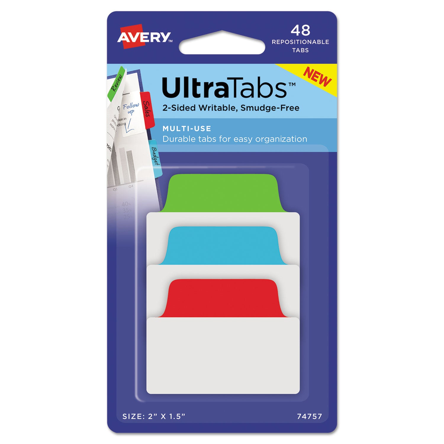 Ultra Tabs Repositionable Tabs, Standard: 2" x 1.5", 1/5-Cut, Assorted Colors (Blue, Green and Red), 48/Pack - 