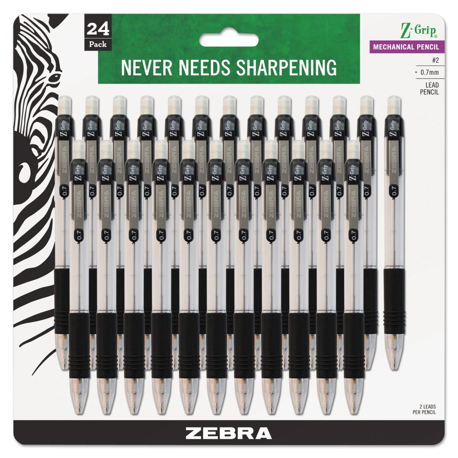 Z-Grip Mechanical Pencil, 0.7 mm, HB (#2), Black Lead, Clear/Black Barrel, 24/Pack - 