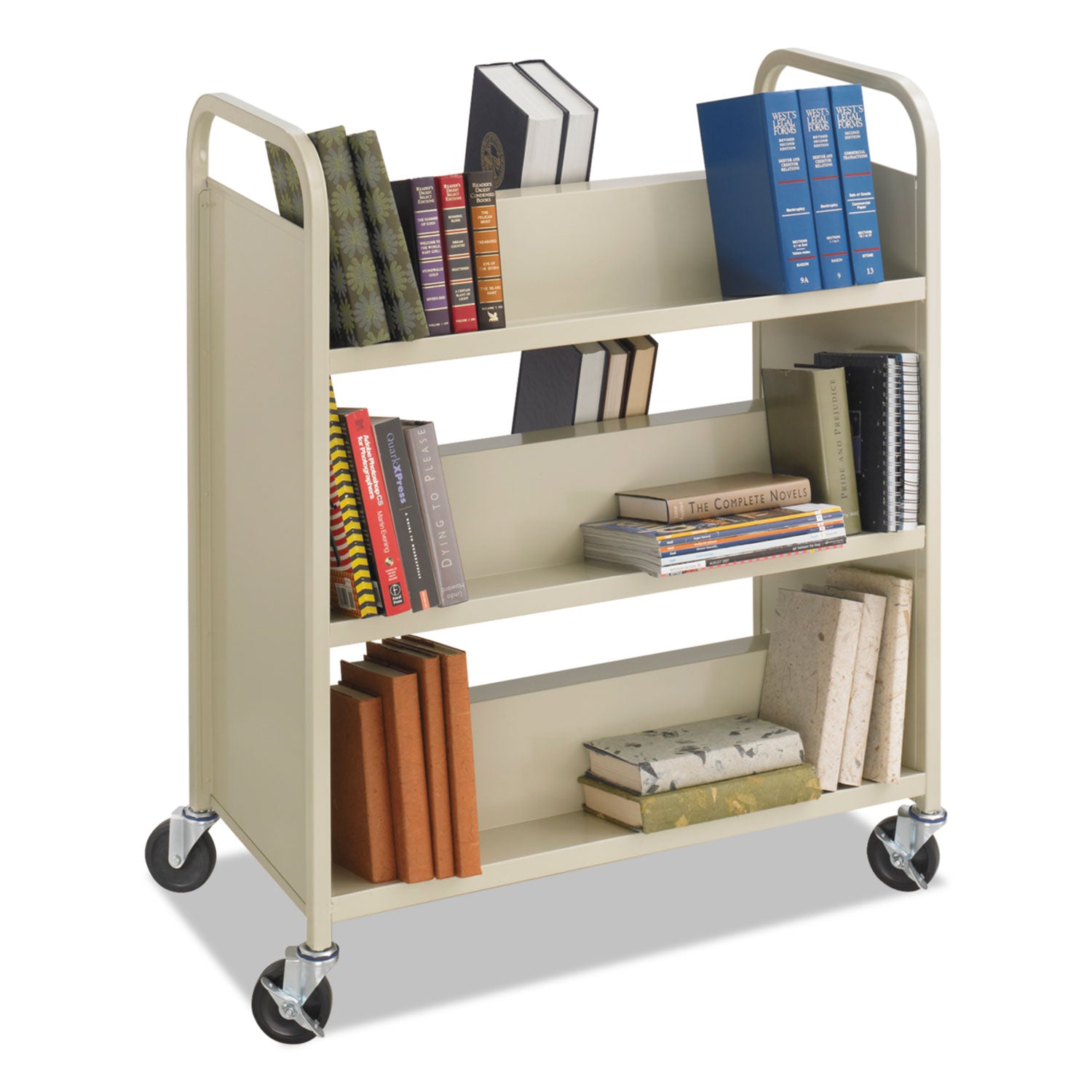 Steel Double-Sided Book Cart, Metal, 6 Shelves, 300 lb Capacity, 36" x 18.5" x 43.5", Sand - 