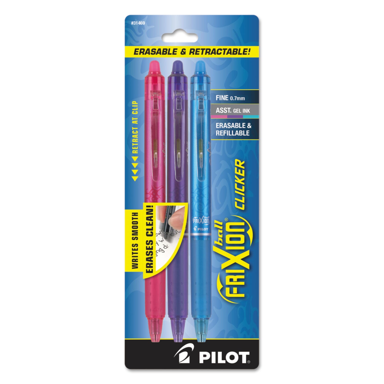 FriXion Clicker Erasable Gel Pen, Retractable, Fine 0.7 mm, Three Assorted Ink and Barrel Colors, 3/Pack