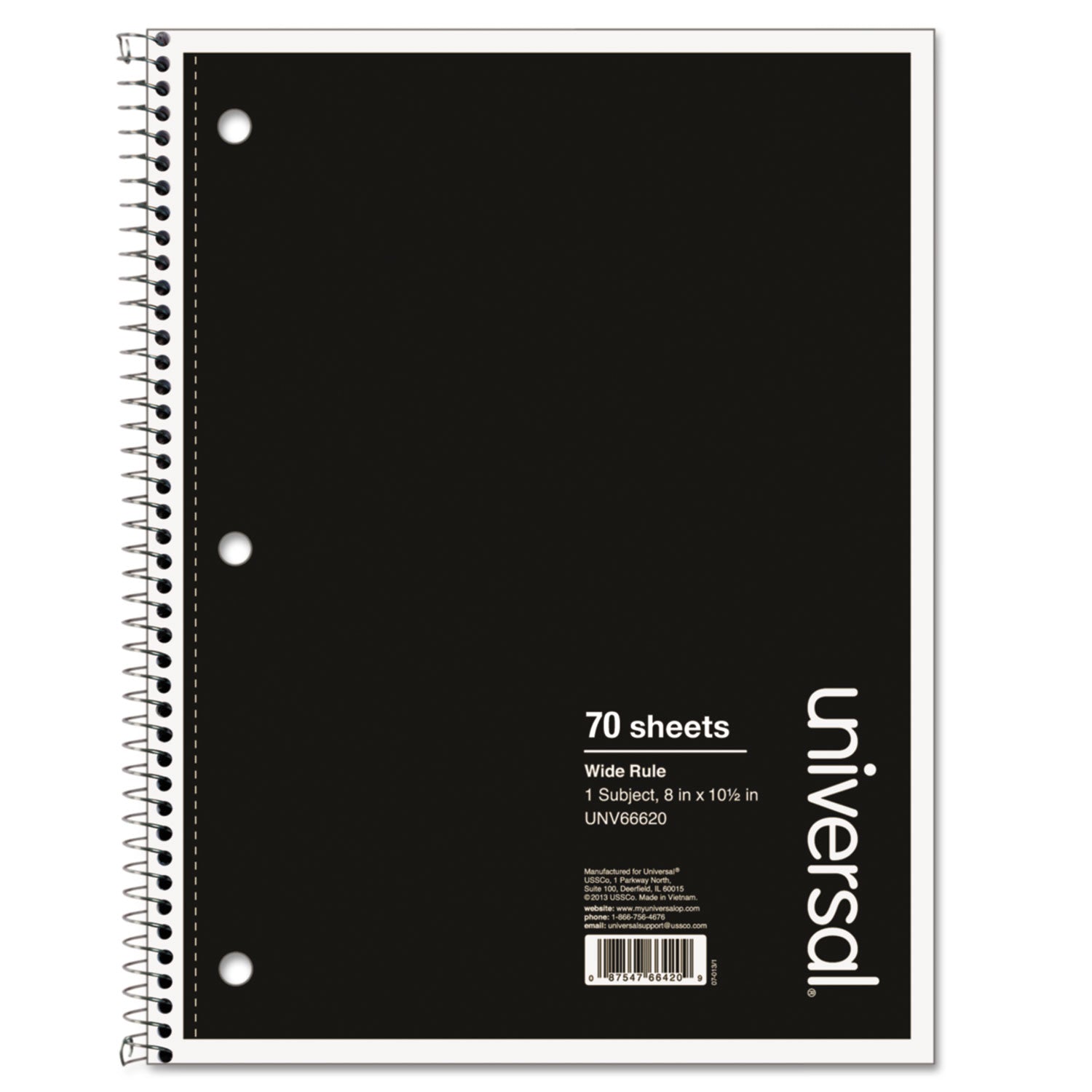Wirebound Notebook, 1-Subject, Wide/Legal Rule, Black Cover, (70) 10.5 x 8 Sheets - 