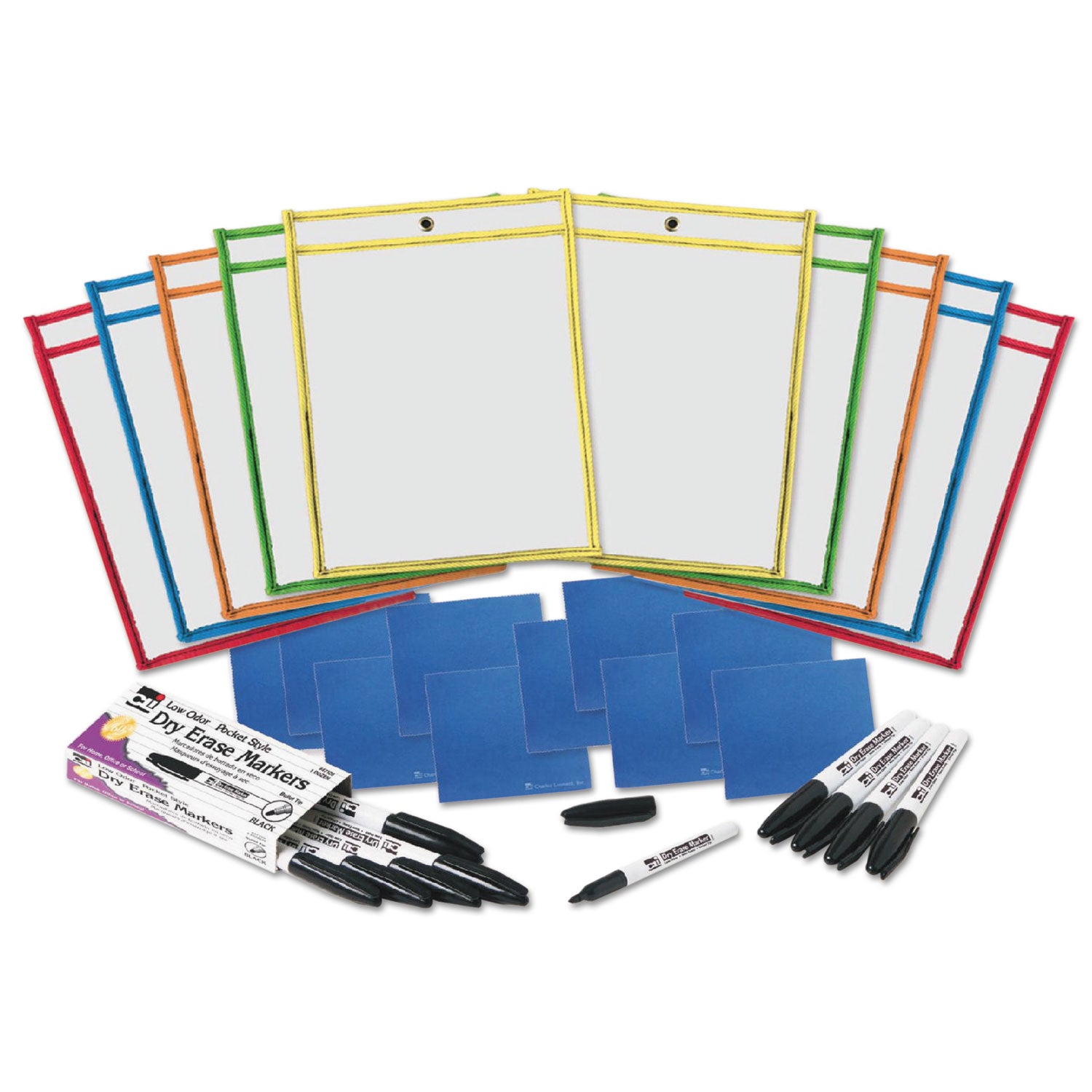 dry-erase-pocket-class-pack-105-x-15-assorted-primary-colors-10-pack_leo29130 - 1