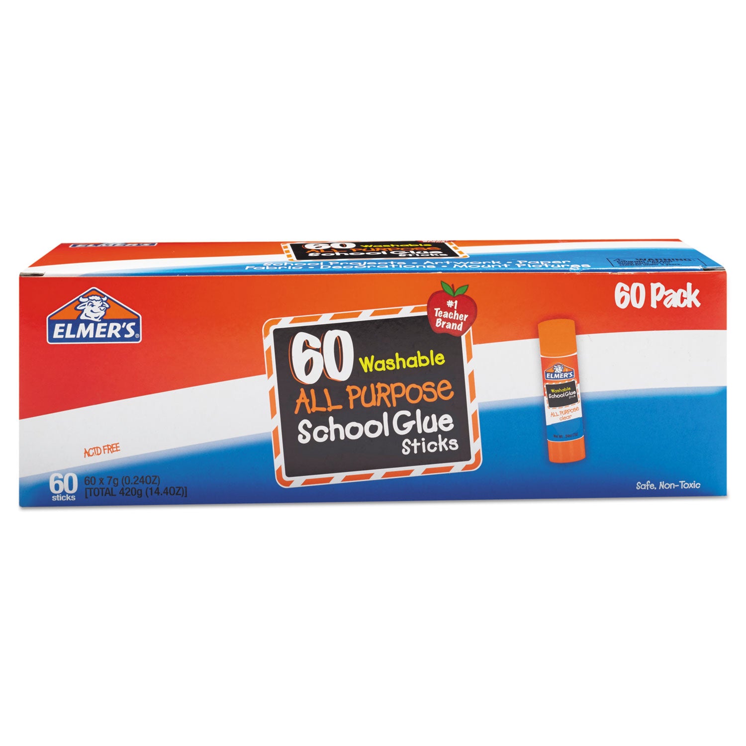 Washable School Glue Sticks, 0.24 oz, Applies and Dries Clear, 60/Box - 