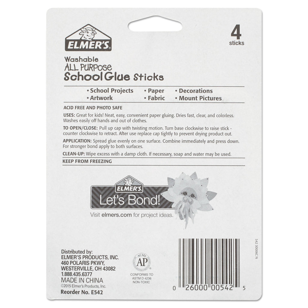 Washable School Glue Sticks, 0.24 oz, Applies and Dries Clear, 4/Pack - 